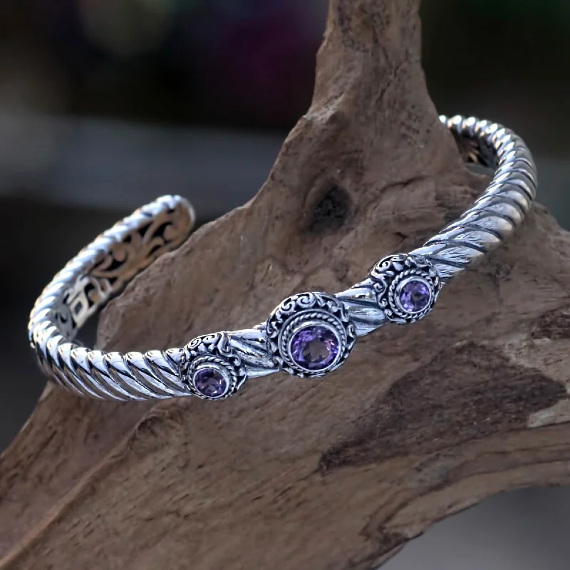 Luxury beaded bracelet designs-Triple Crown in Purple Amethyst and Sterling Silver Cuff Bracelet from Bali