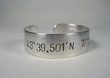 Double wrap leather bracelets-Sterling Silver Wide Cuff w/ Latitude & Longitude