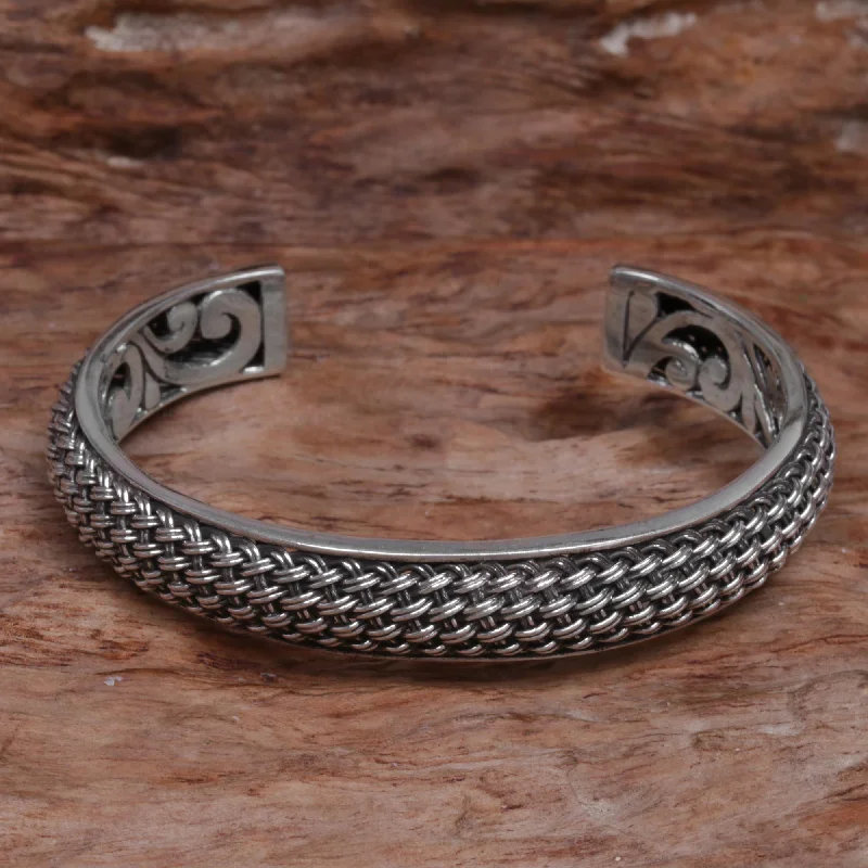 Men’s silver chain bracelets-Woven Chains Hand Crafted Sterling Silver Cuff Bracelet from Indonesia