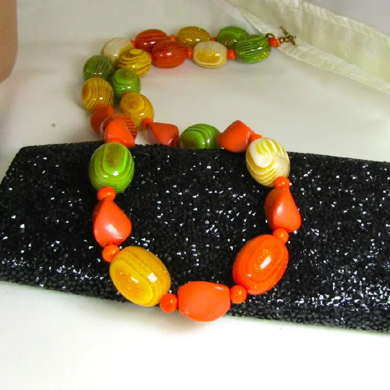 silver pendant necklace with charm-Big Bold Long Yellow Green & Tangerine Beaded  Necklace