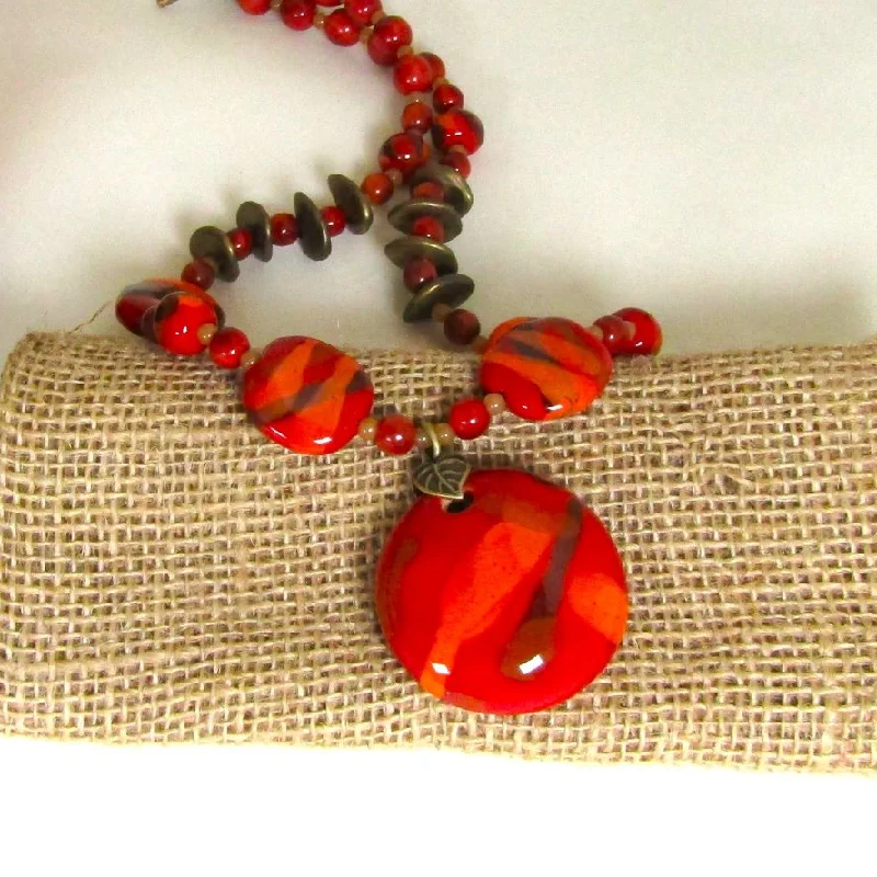 personalized heart necklace-Red Bead Necklace Handmade Kazuri with Red Pendant