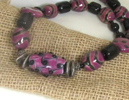 zodiac constellation necklace-Purple & Black Kazuri Necklace Handmade Artisan Beads