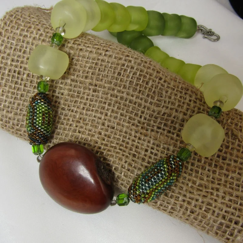 men’s simple silver necklace-Eclectic Handmade Necklace in  Green with  Brown Tagua Nut