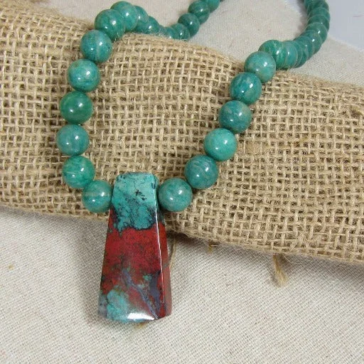 men’s chunky chain necklace-Amazonite Gemstone Necklace with Sonora Sunset Jasper Pendant