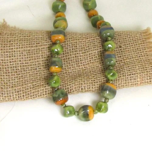 geometric bar necklace for layering-Fair Trade Bead Green & Mustard Cube Kazuri Necklace