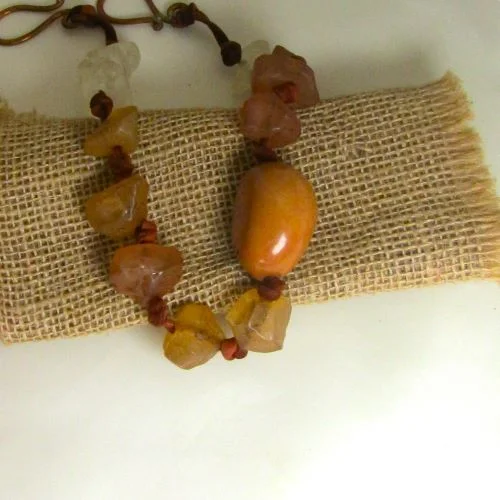 black onyx necklace for men-Chunky Tagua Nut Necklace with Big Light Brown Nugget  Beads.