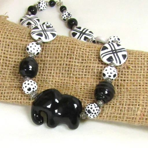 vintage pendant necklace for women-Black & White Kazuri Necklace with Black Elephant