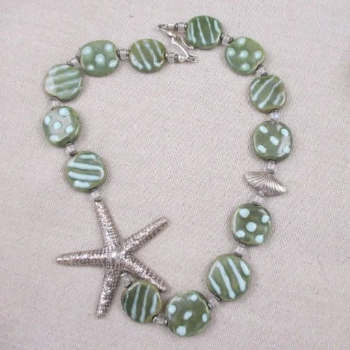 14k gold necklace for women-Green Kazuri and Silver Starfish Necklace Fair Trade