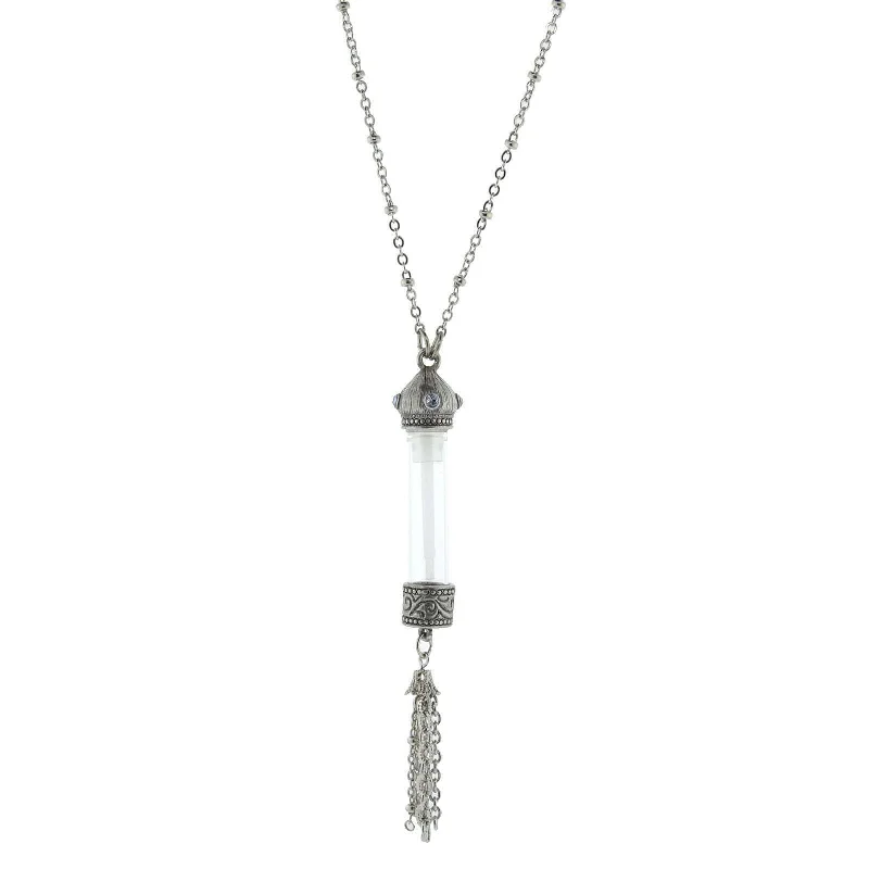 wedding necklace for bride-1928 Jewelry Antiqued Blue Crystal Stone Glass Vial Tassel Necklace 30"