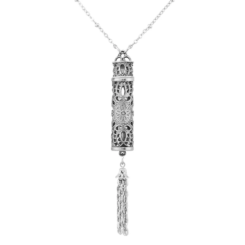 handmade silver necklace for women-1928 Jewelry Antiqued Filigrana Glass Vial Tassel Necklace 28"