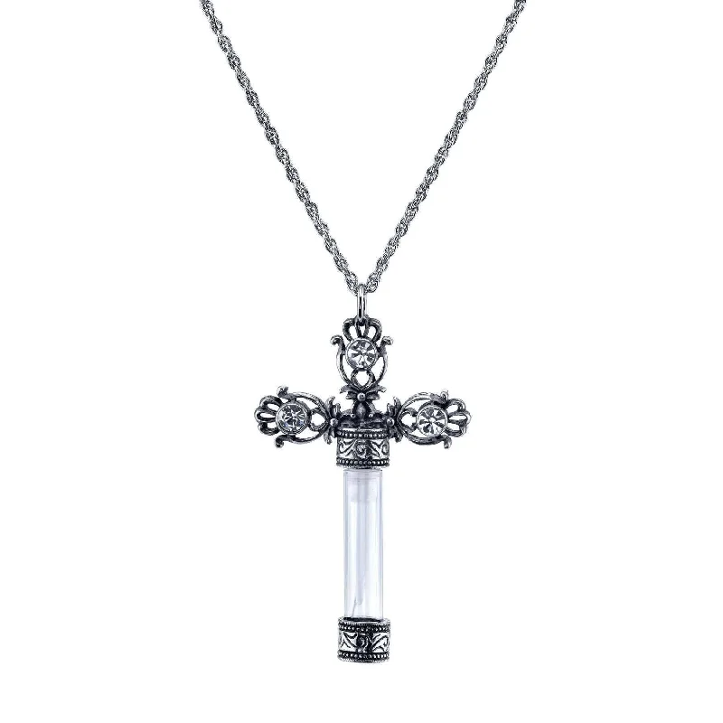 vintage charm necklace for women-1928 Jewelry Antiqued Ornate Cross Clear Crystal Glass Vial Necklace 30"