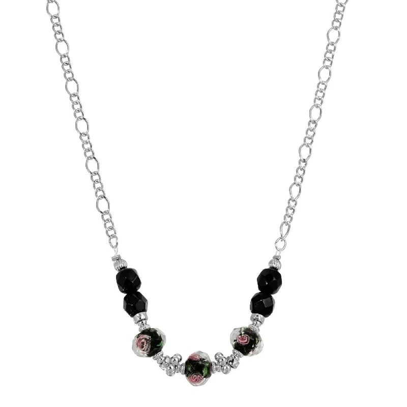 friendship heart necklace set-1928 Jewelry Black Floral Beaded Necklace 16"