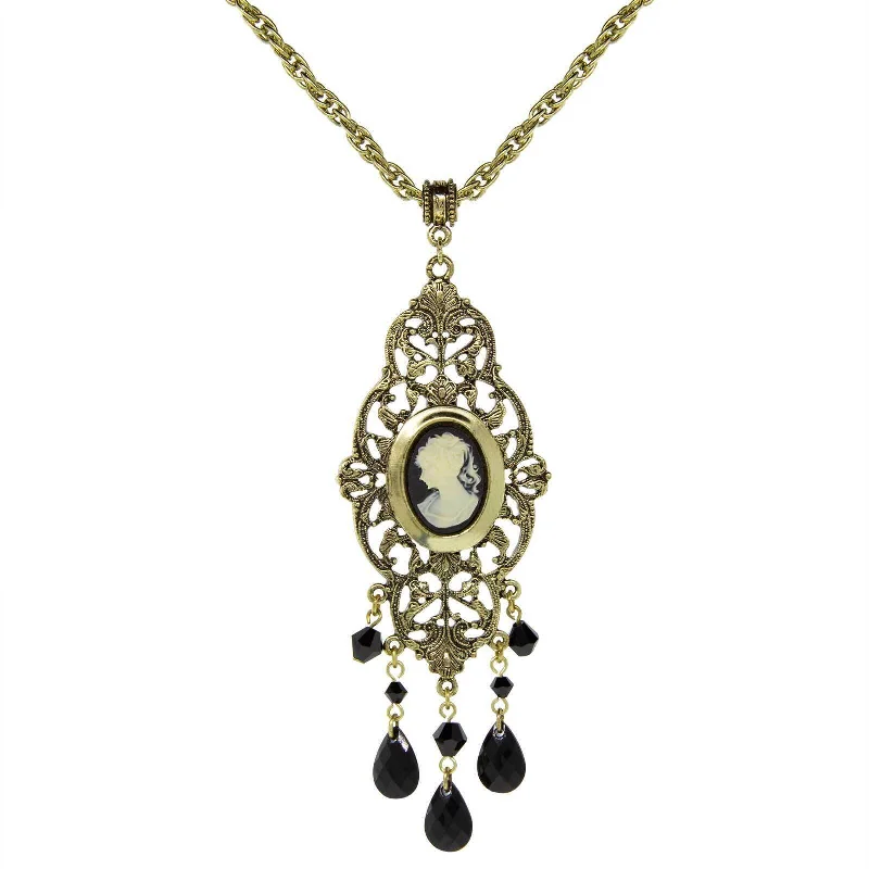 gemstone pendant necklace for women-1928 Jewelry Black Oval Cameo Locket Necklace 32"