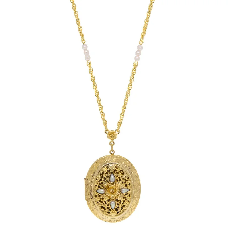 handmade gold necklace for women-1928 Jewelry Oval Flower & Faux Pearl Two Picture Locket Necklace 30"