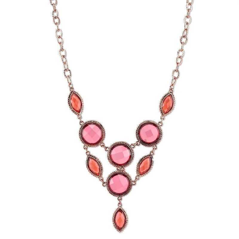 gold coin pendant necklace-2028 Jewelry Pink-Orange And Raspberry Color Faceted Bib Necklace 16" + 3" Extender