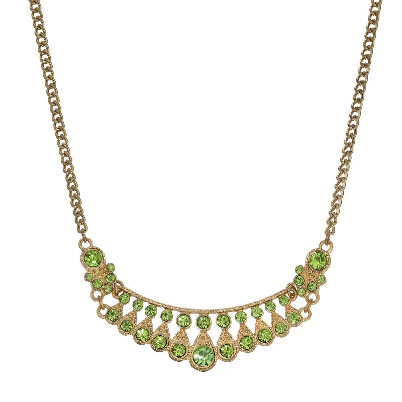 geometric pendant necklace for women-1928 Jewelry Peridot Green Color Crystal Bib Necklace 16" + 3" Extender