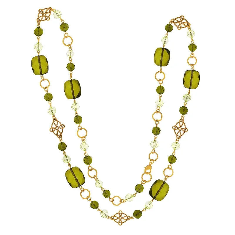 14k gold necklace for women-2028 Jewelry Green Beaded Mid Century Style Ring & Knot Long Necklace 42"