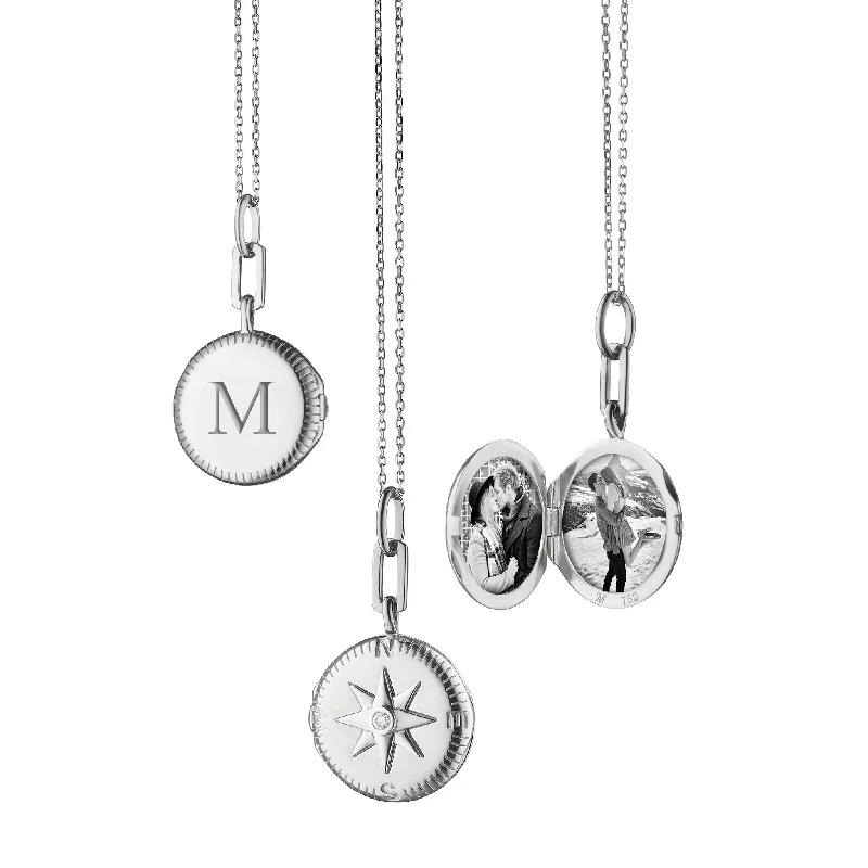 diamond studded necklace for weddings-"Adventure" Compass Silver Engraved Locket Necklace