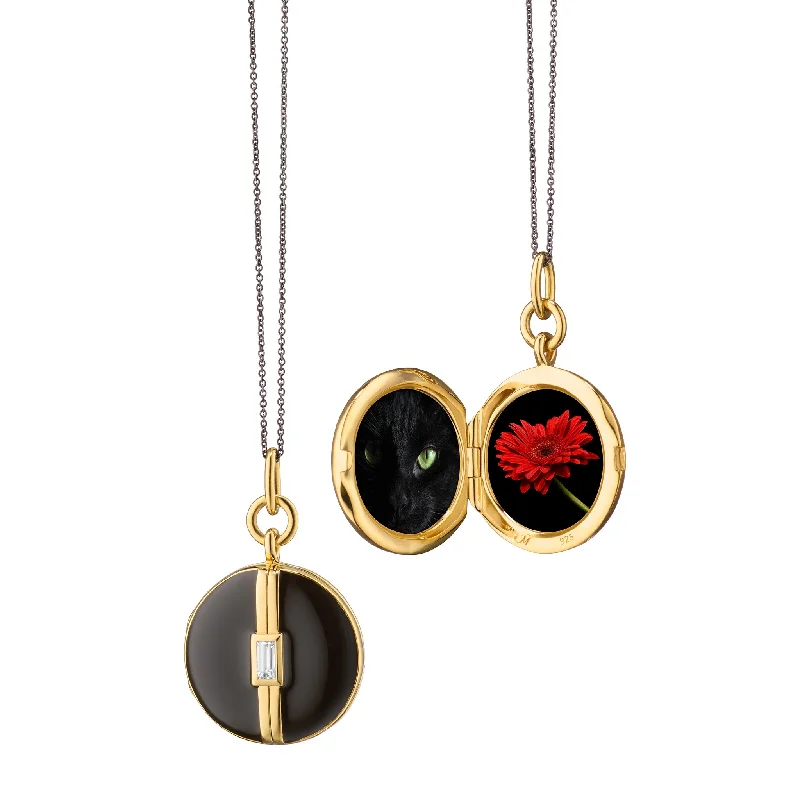 geometric pendant necklace for men-Black Enamel Vermeil Round Locket with White Sapphire