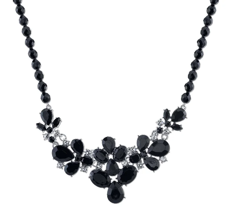 delicate silver necklace for daily wear-2028 Jewelry Black Faceted Bead & Teardrop Stones With Crystal Accent Bib Necklace 16" + 3" Extender