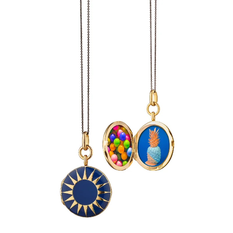 moon phase necklace for women-Blue Enamel Vermeil Round Locket