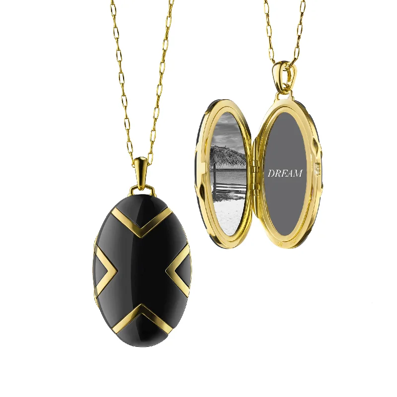 engraved nameplate necklace for men-Chevron Black Ceramic & Gold Locket Necklace