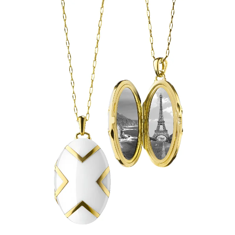 fashion statement necklace for girls-Chevron White Ceramic & Gold Locket Necklace