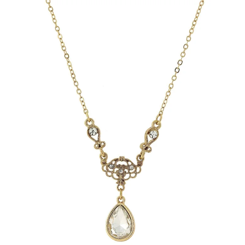 lock and key pendant necklace-1928 Jewelry Crystal Teardrop Y-Necklace 16" + 3" Extender