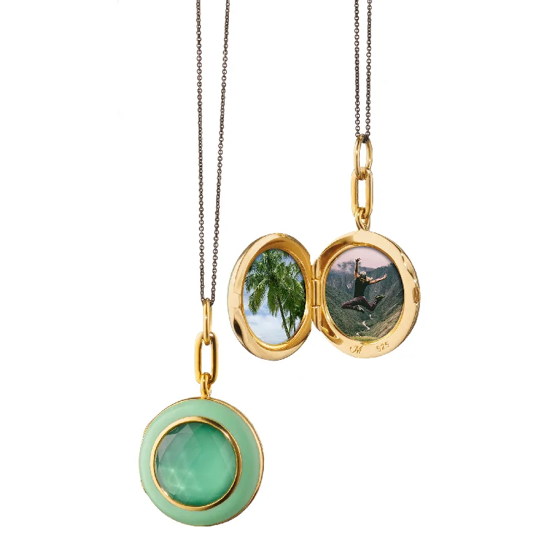 gold plated pendant necklace-Green Enamel and Vermeil Locket with Green Amethyst