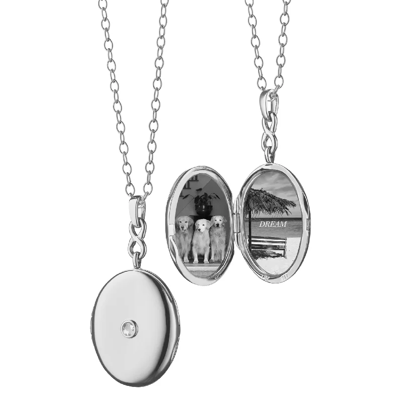 vintage pendant necklace for women-Infinity White Sapphire Silver Engraved Locket Necklace