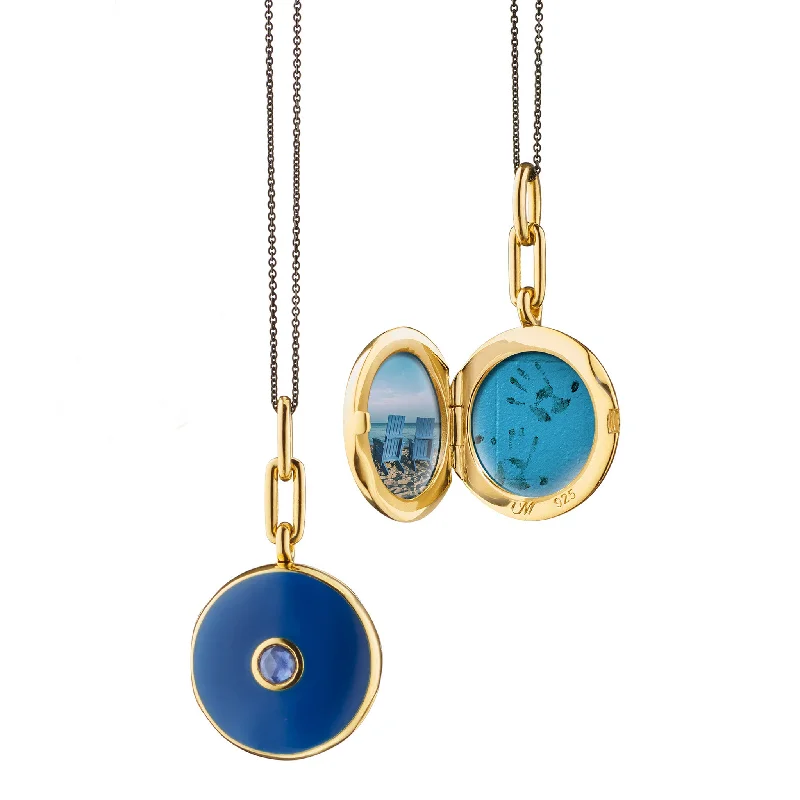 custom letter necklace for women-Navy Enamel Vermeil Round Locket with Blue Sapphire