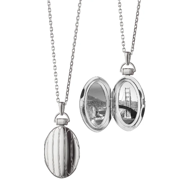 sterling silver charm necklace-Oval Pinstripe Locket Necklace