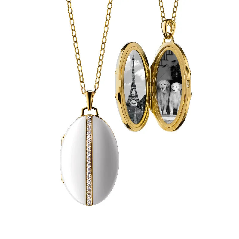 heart-shaped gemstone necklace-Oval White Ceramic & Gold Locket Necklace