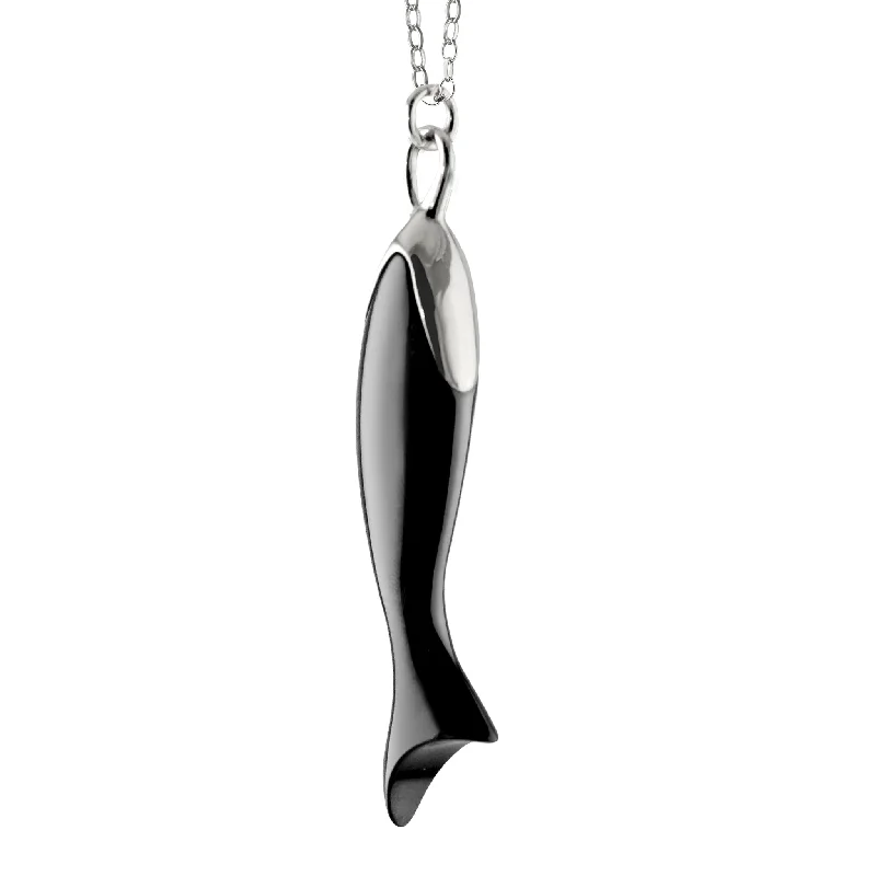 wire-wrapped gemstone necklace-"Perseverance" Black Ceramic and Sterling Silver Fish