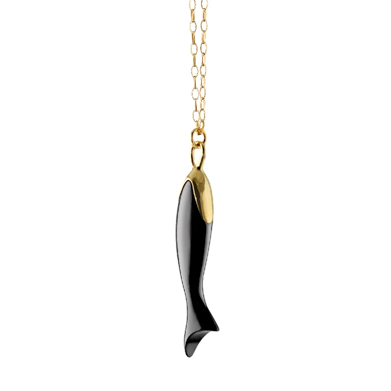 sparkling crystal pendant necklace-"Perseverance" Black Ceramic and 18K Gold Fish