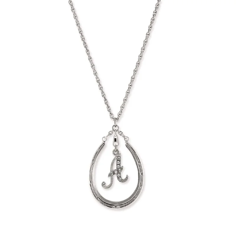 minimalist necklace for daily wear-1928 Jewelry Pewter Horseshoe Crystal Initial Necklace 16" + 3" Extender