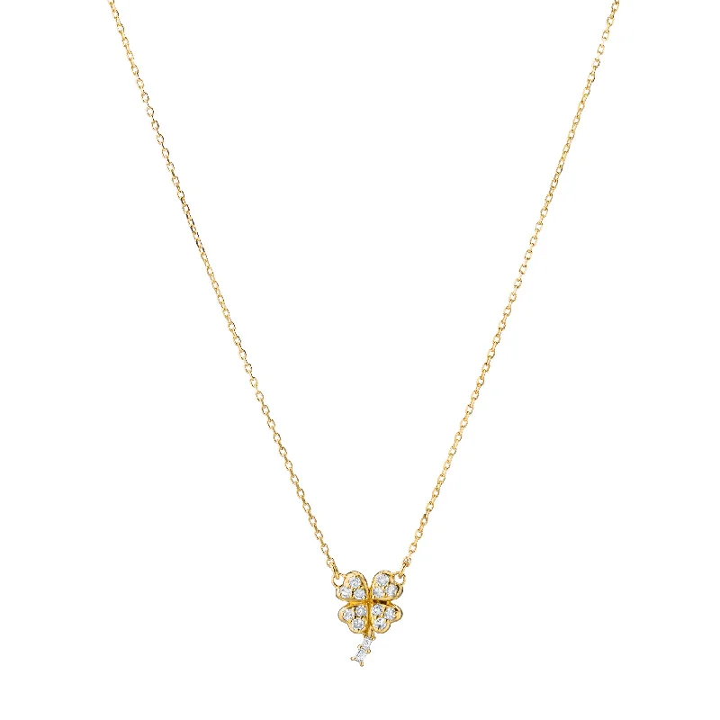 moon and star necklace-Reclaimed 18K Yellow Gold and Round and Baguette Diamond Clover Necklace