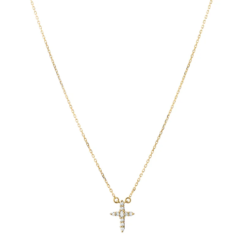 chunky silver necklace for men-Reclaimed 18K Yellow Gold and Round and Baguette Diamond Cross Necklace