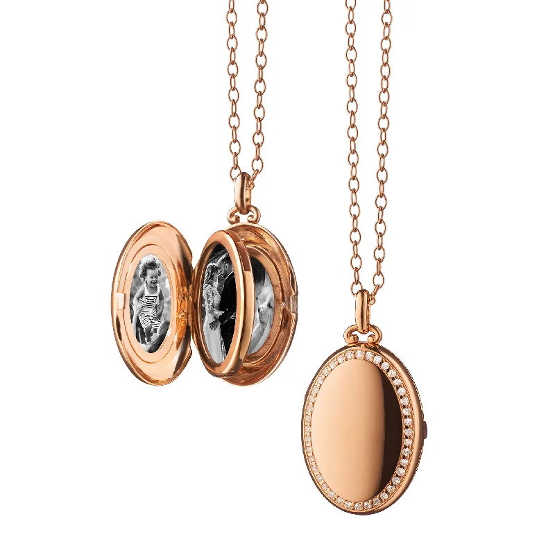 geometric bar necklace for layering-The Four Image "Midi" Diamond Border 18K Rose Gold Locket