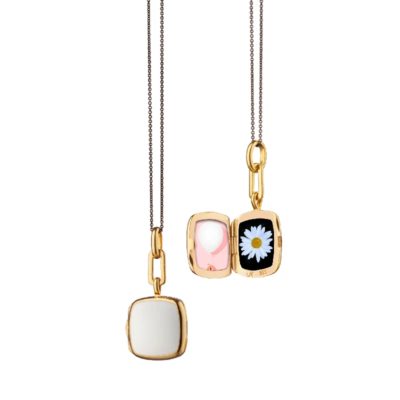 trendy pendant necklace for girls-White Enamel Vermeil Cushion Locket