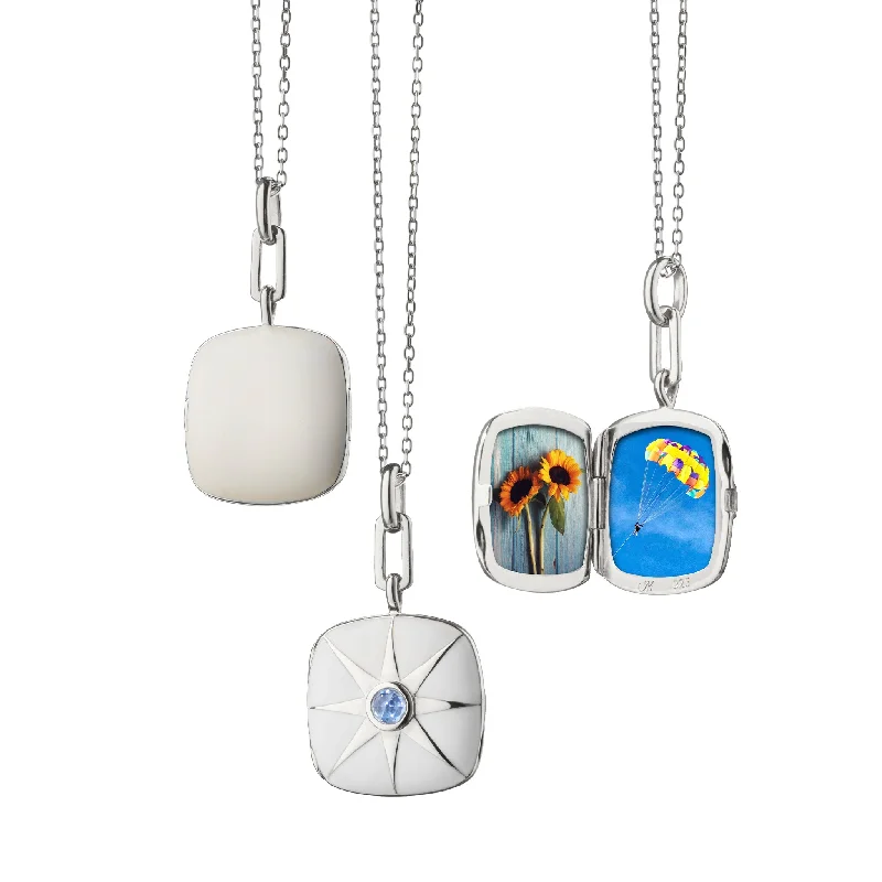 mixed metal necklace for layering-White Enamel Cushion Locket with Blue Sapphire