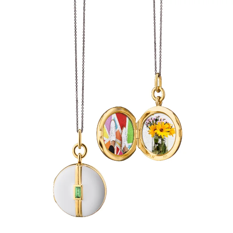 engraved necklace with family names-White Enamel Vermeil Round Locket with Tsavorite