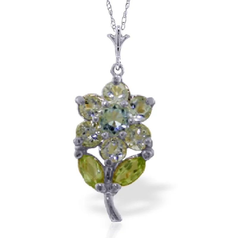 dainty diamond necklace for women-1.06 Carat 14K White Gold Flower Necklace Aquamarine Peridot