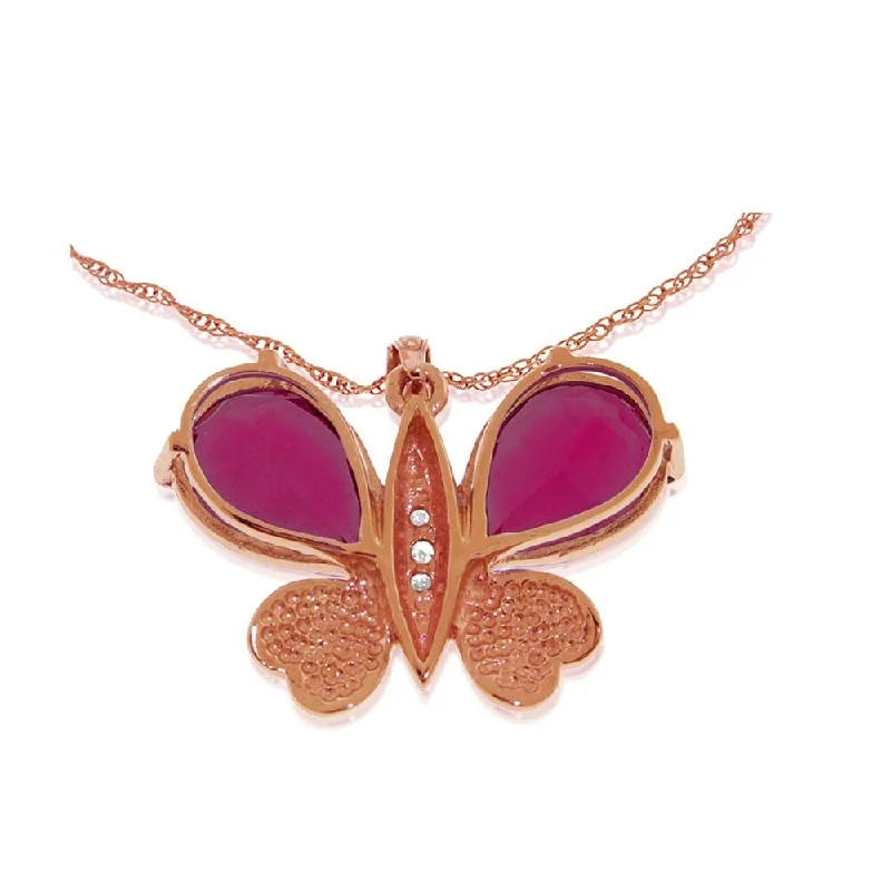 crystal pendant necklace for healing-14K Solid Rose Gold Batterfly Necklace withNatural Diamonds & rubyes