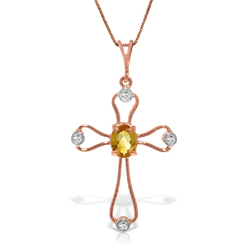 gold necklace with diamond pendant-14K Solid Rose Gold Cross Necklace withNatural Diamonds & Citrine