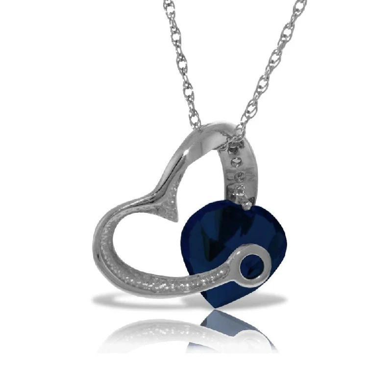 men’s simple chain necklace-14K Solid White Gold Heart Necklace with Natural Diamond & Sapphire