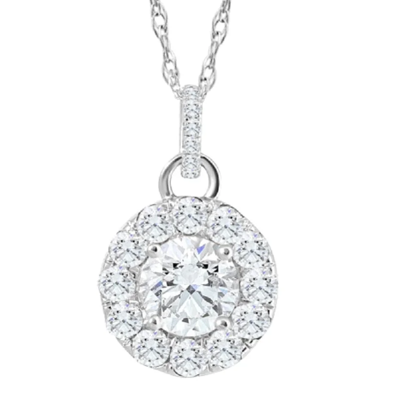 geometric bar necklace for layering-2 Ct TW Diamond (1ct center) Halo Pendant White Gold Necklace