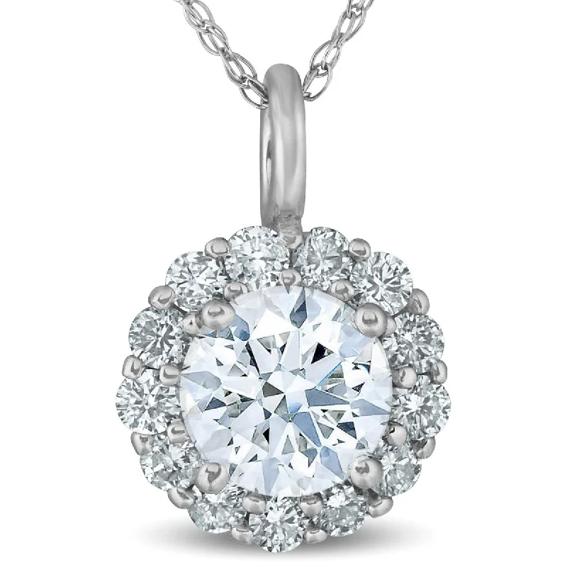 personalized name necklace-3/4 Ct TW Round Cut Diamond Halo Solitaire Pendant White Gold Necklace