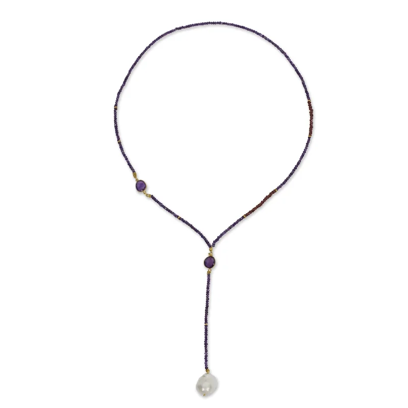 handmade gold necklace for women-Amethyst and Garnet Long Beaded Necklace, 'Spellbound' (Thailand)