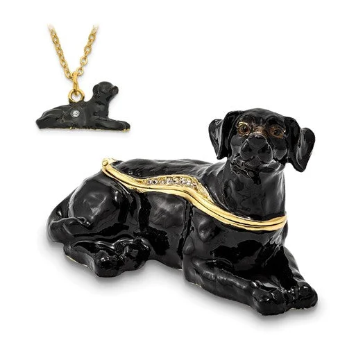 women’s vintage charm necklace-Bejeweled Enameled & Crystal Black Labrador Dog Trinket Box